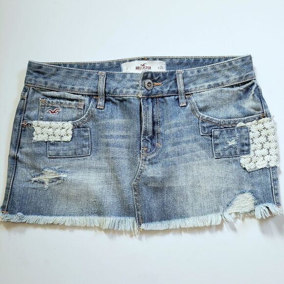 Hollister Jean Mini Skirt Embellished Raw Hem Size 3 Waist 30" - Picture 1 of 7